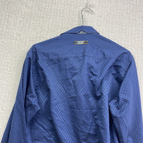 Au Noir Shirt Men Sz 4 Button Up Blue Geometric Holographic AOP Boho Preppy - Picture 13 of 13